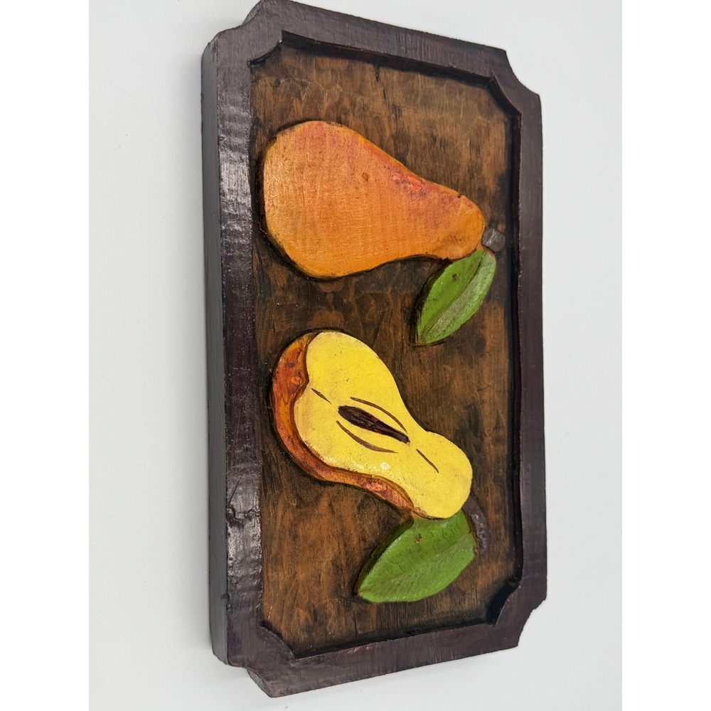 Vintage Hand Carved Wood Pear Wall Plaque Rustic Fruit Folk Art Kitchen Decor